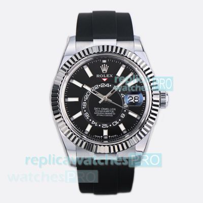 Swiss Replica ES Factory Rolex Sky-Dweller World Timer Black Dial Rubber Strap Watch 